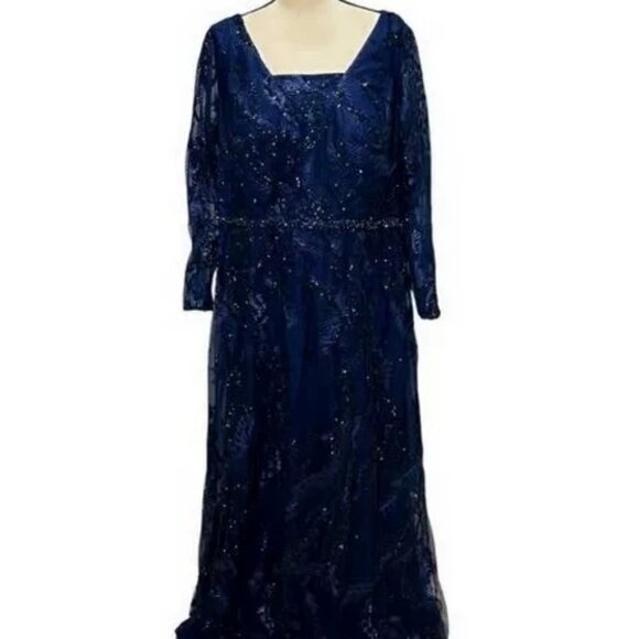 Mac Duggal Midnight Blue Embellished Illusion Long Sleeve A-Line Gown - Picture 3 of 4